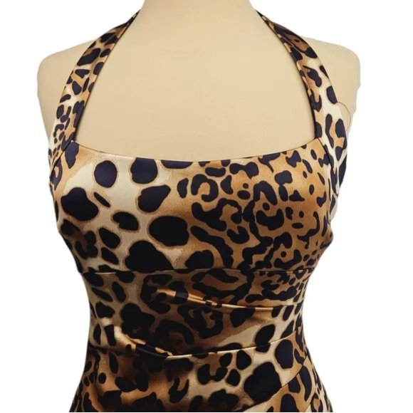 🐆 Caché, Vintage Wild Side Animal Print Satin Halter Dress - Picture 12 of 16